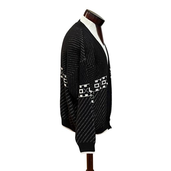 Vintage Mens XL Wool Blend Black White Cardigan Sweater Geometric Design Size XL - Picture 4 of 11